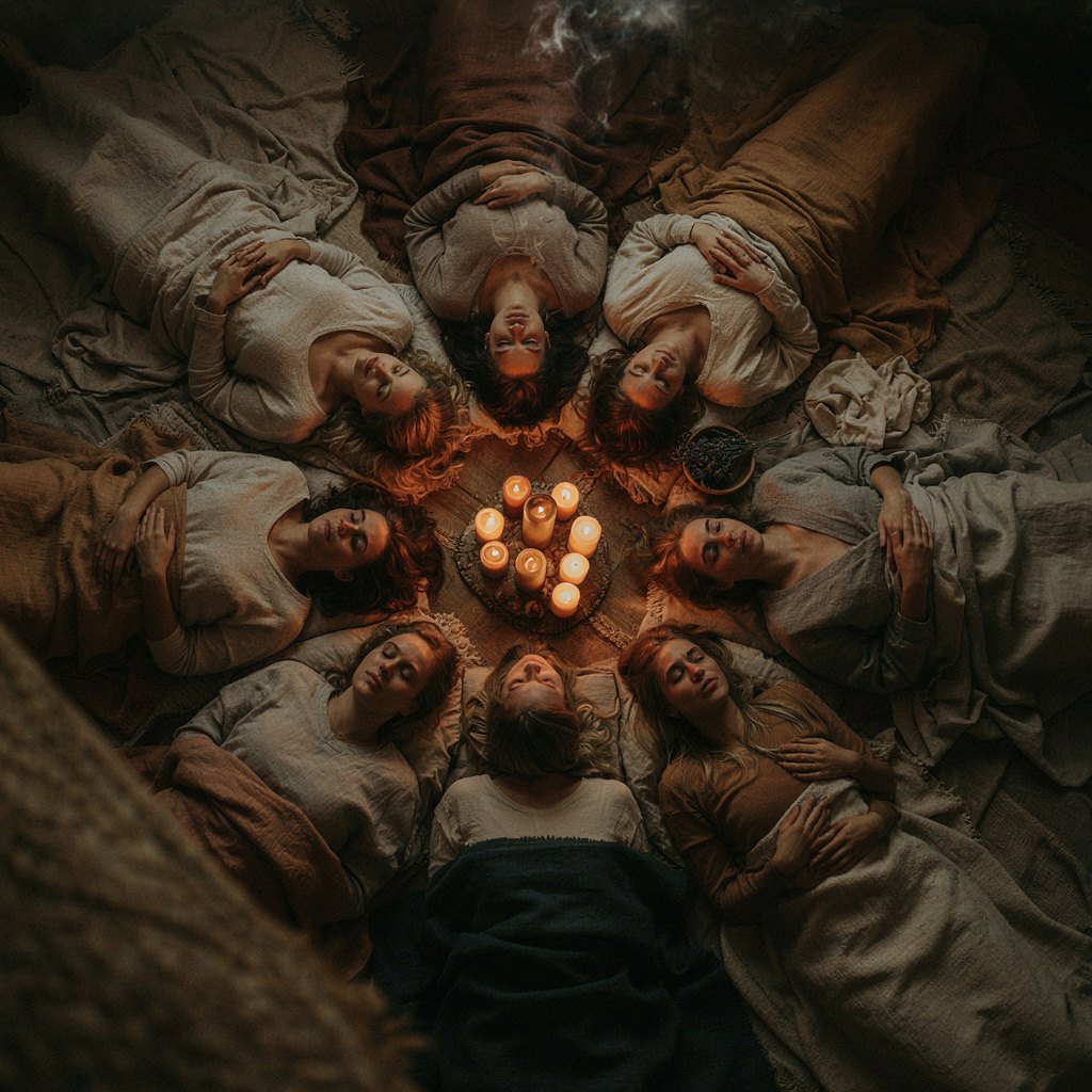 Women lying in a circle around a cluster of candles, seen from above, eyes closed