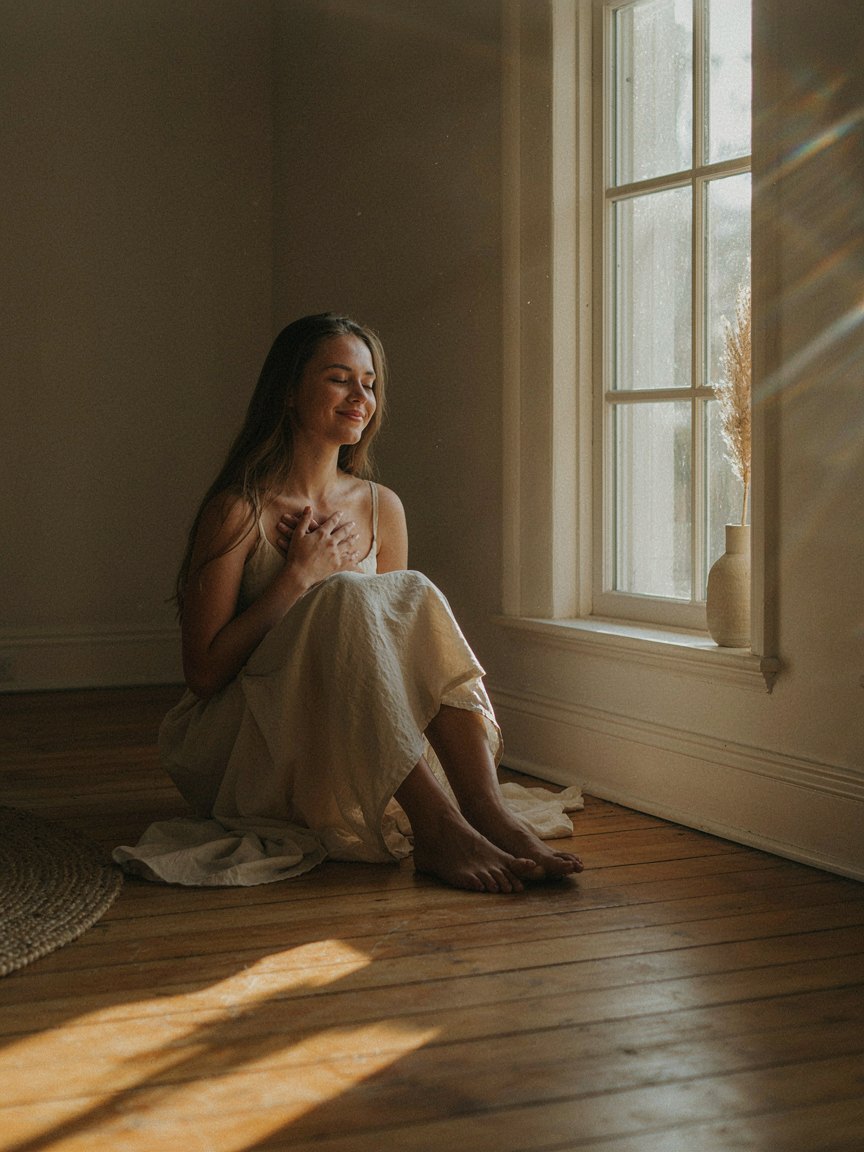 A woman sitting on a sunlit wooden floor by a window, one hand resting on her chest, eyes closed and smiling