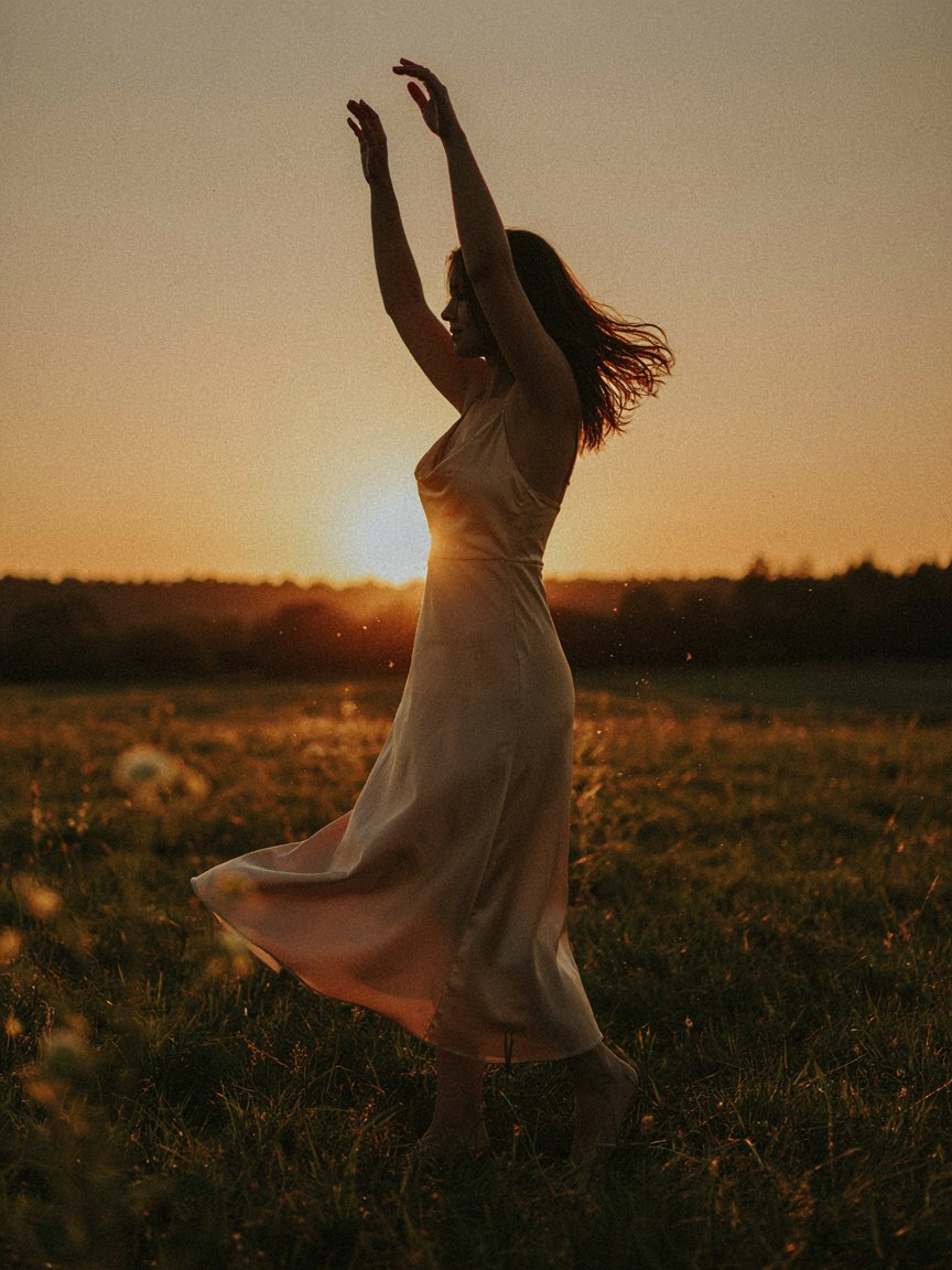 A woman dancing barefoot in a meadow at sunset, arms lifted, dress and hair caught in motion against the low sun