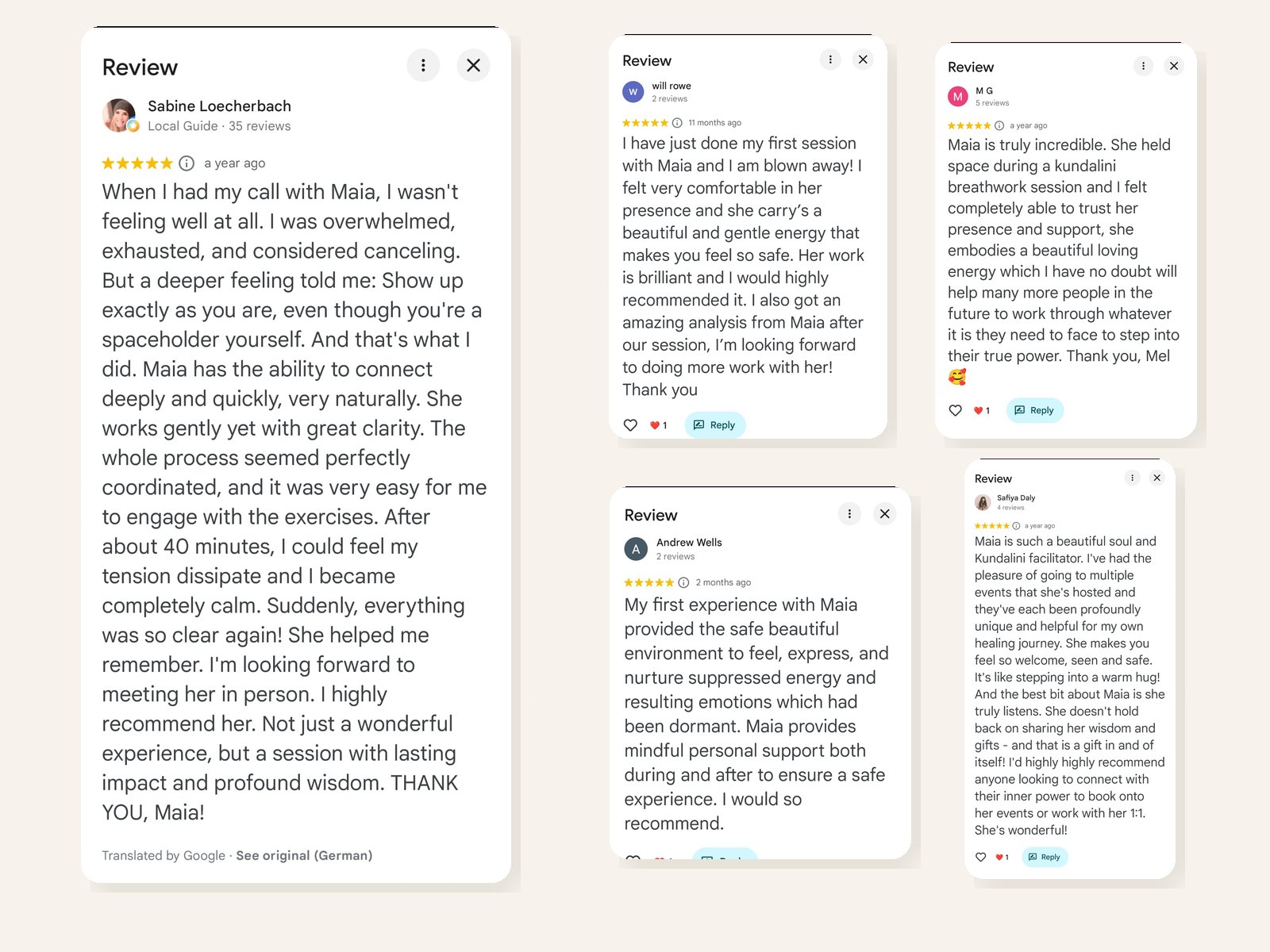 Five-star Google reviews for Maia from Sabine, Will, Andrew, M G and Safiya