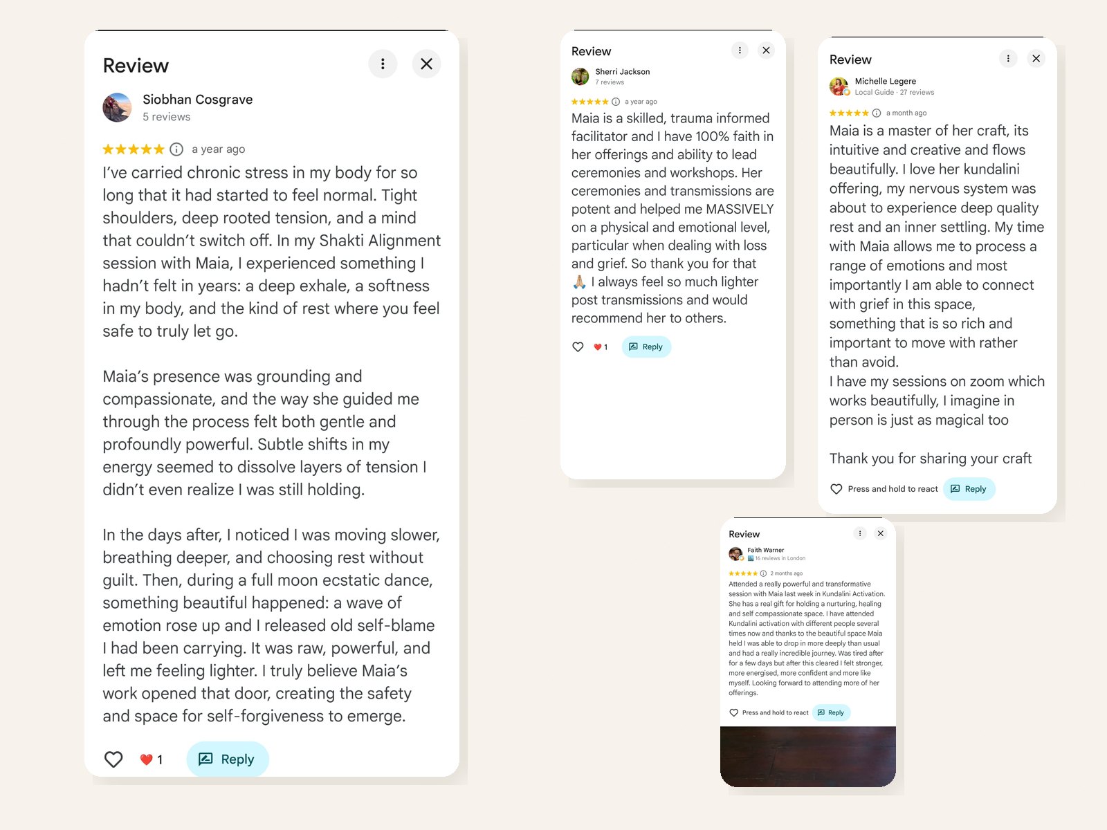 Five-star Google reviews for Maia from Siobhan, Sherri, Michelle and Faith