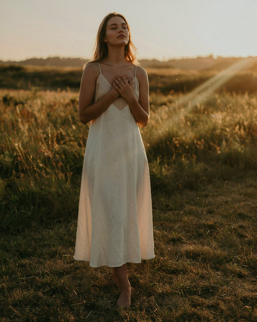 A woman sitting in warm golden light with her hands resting on her heart, eyes closed