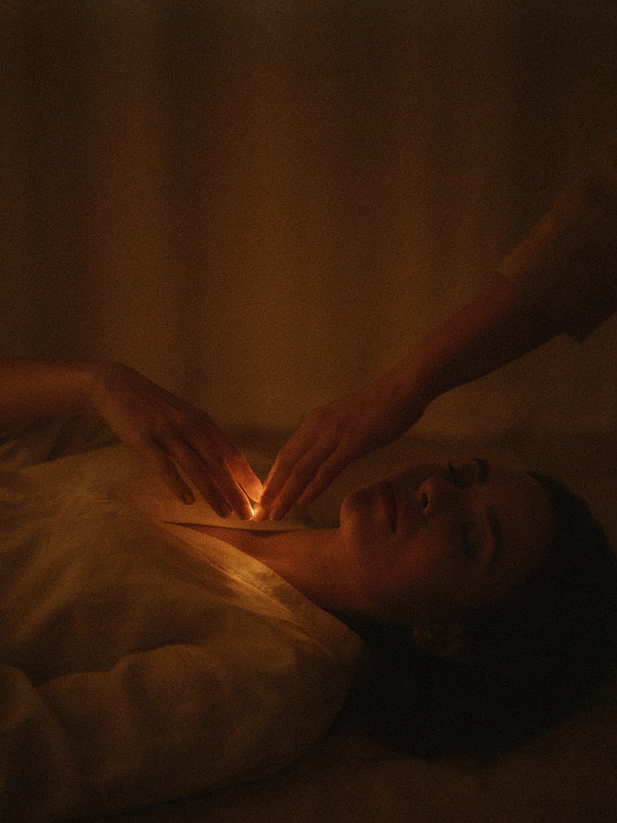 Two hands hovering just above a resting woman's chest, warm light pooling in the space between