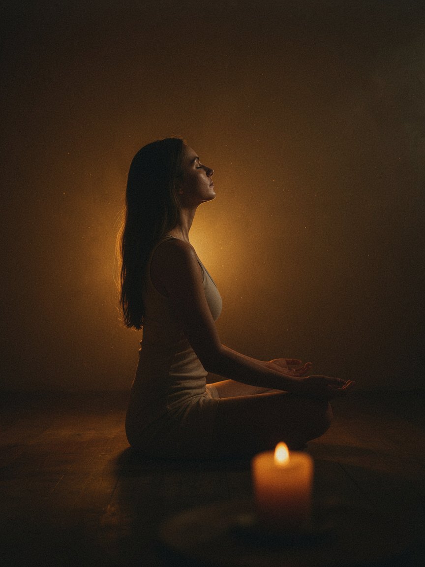 A woman seated cross-legged in candlelight, head tipped back, a column of golden light rising behind her spine
