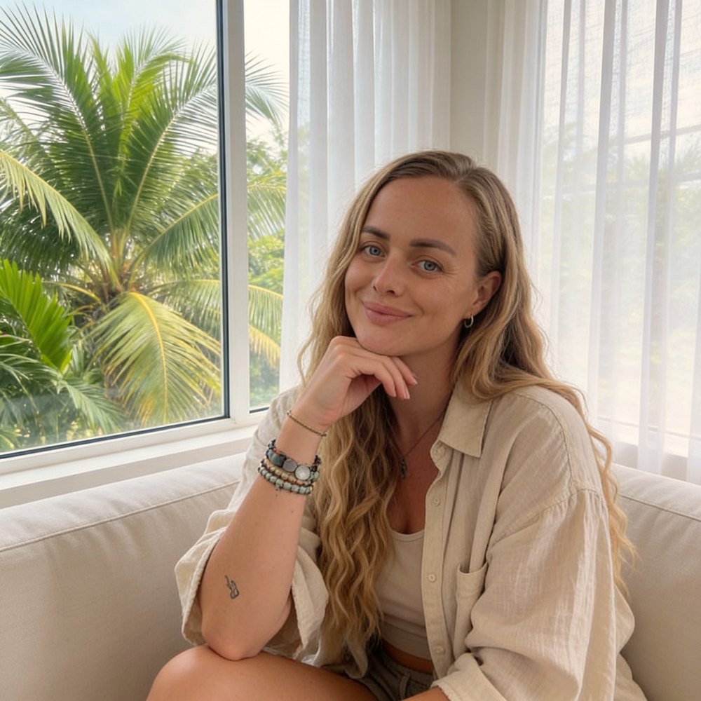 Maia sitting by a bright window, chin resting on her hand, looking directly at the camera