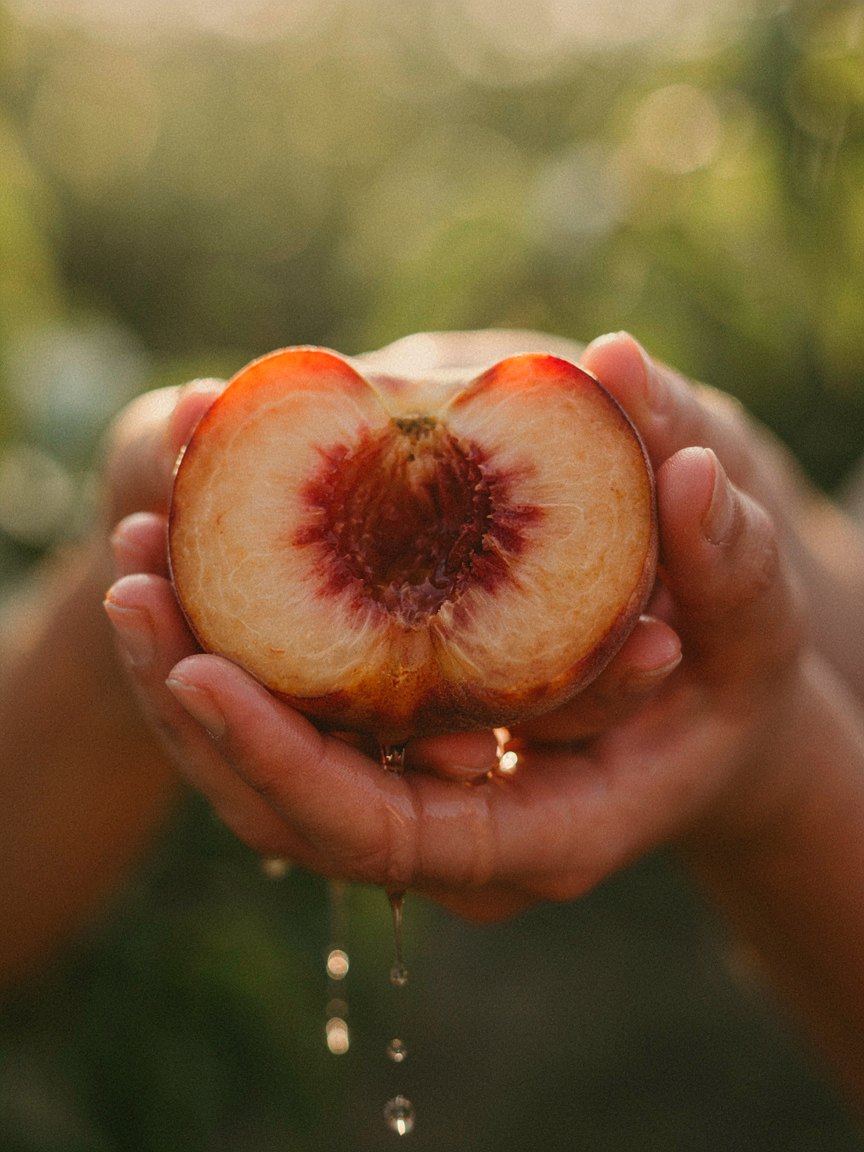 Cupped hands holding a ripe peach split open, juice running through the fingers in warm light