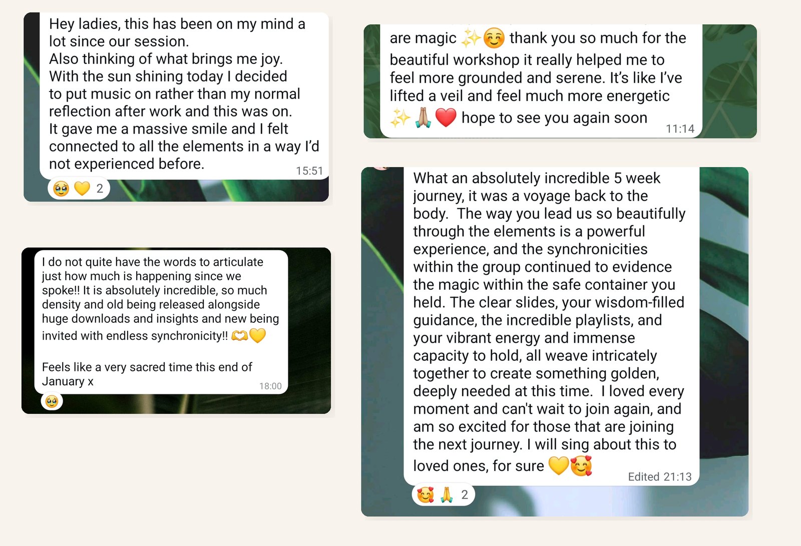 Longer messages from women describing feeling grounded, connected and led back to their bodies