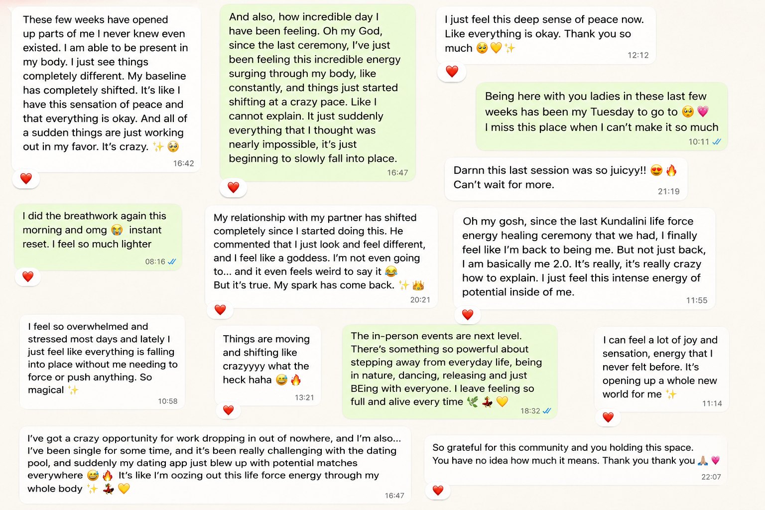 Messages from Goddess Glow members about peace, breathwork and in-person events
