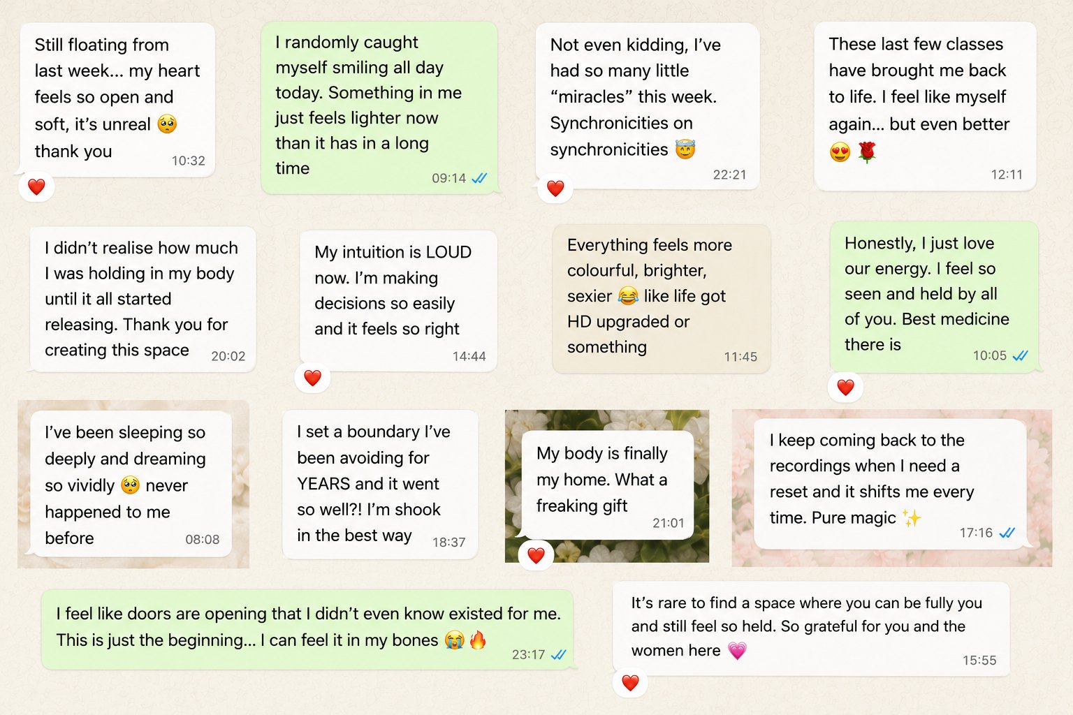 Messages from Goddess Glow members about open hearts, loud intuition, boundaries and sleeping deeply