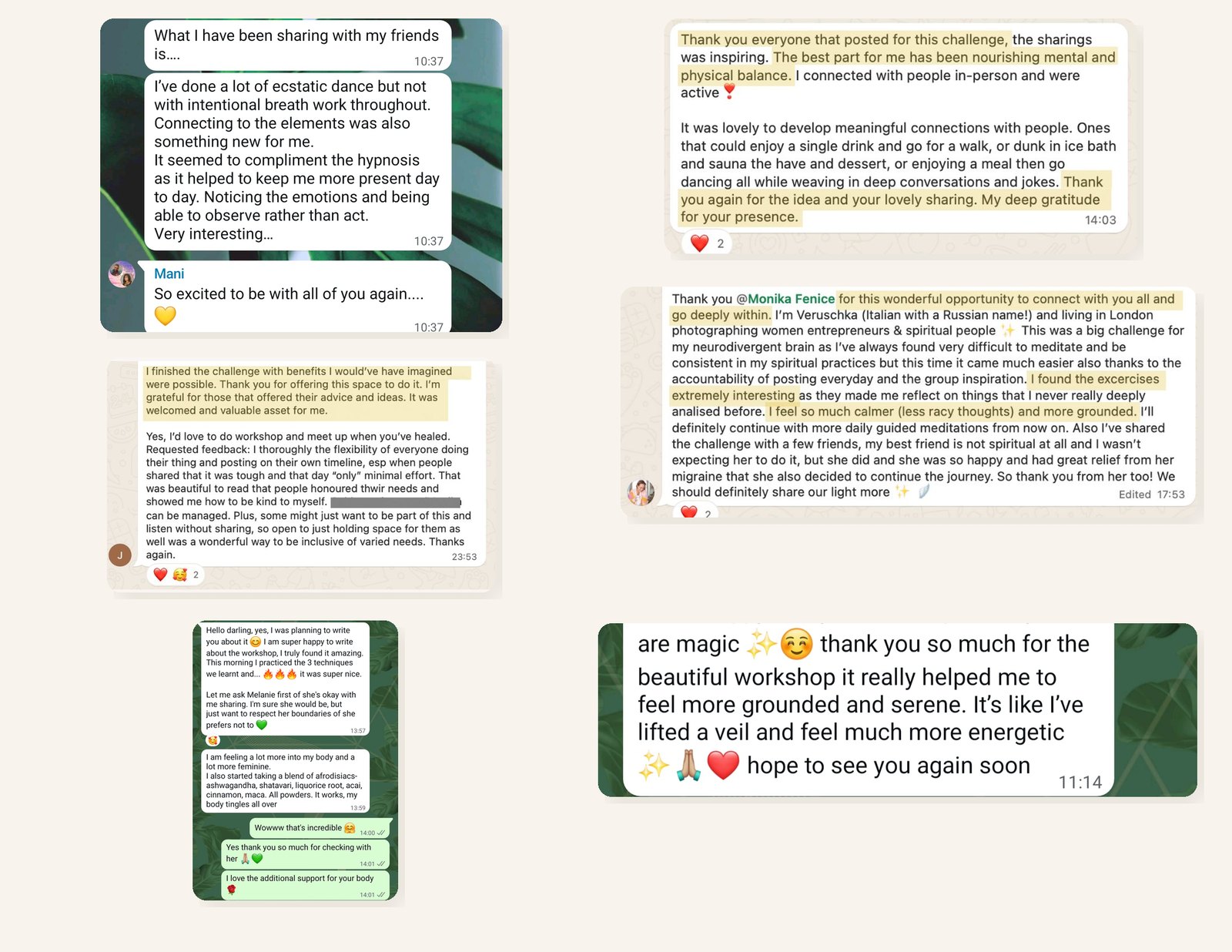 Messages from women about ecstatic dance, breathwork, feeling calmer and more grounded