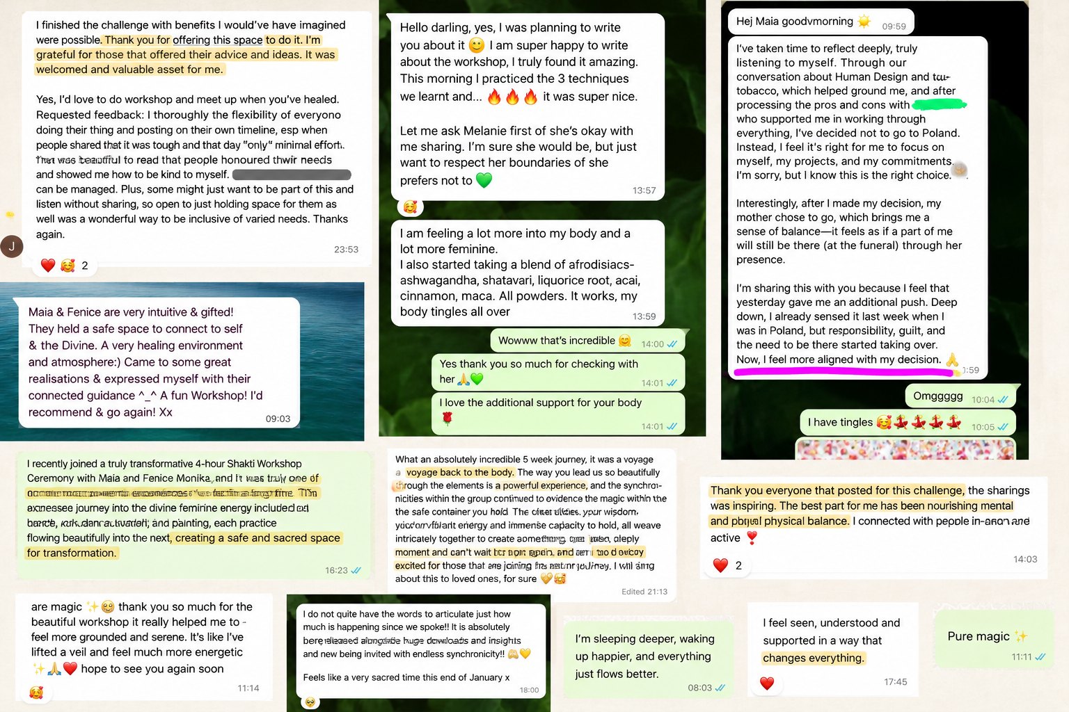 Messages from women about workshops, feeling more into their bodies, and sleeping deeper